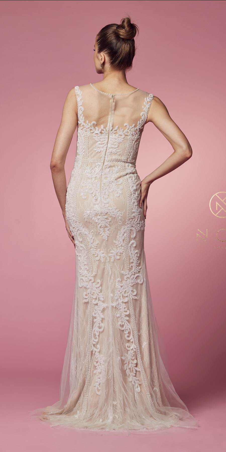 Nox Anabel E1006 Vestido Formal Ajustado de Encaje Tipo Vaina con Escote Ilusión