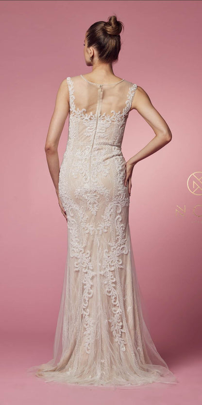 Nox Anabel E1006 Fitted Sheath Formal Lace Dress with Illusion Neckline