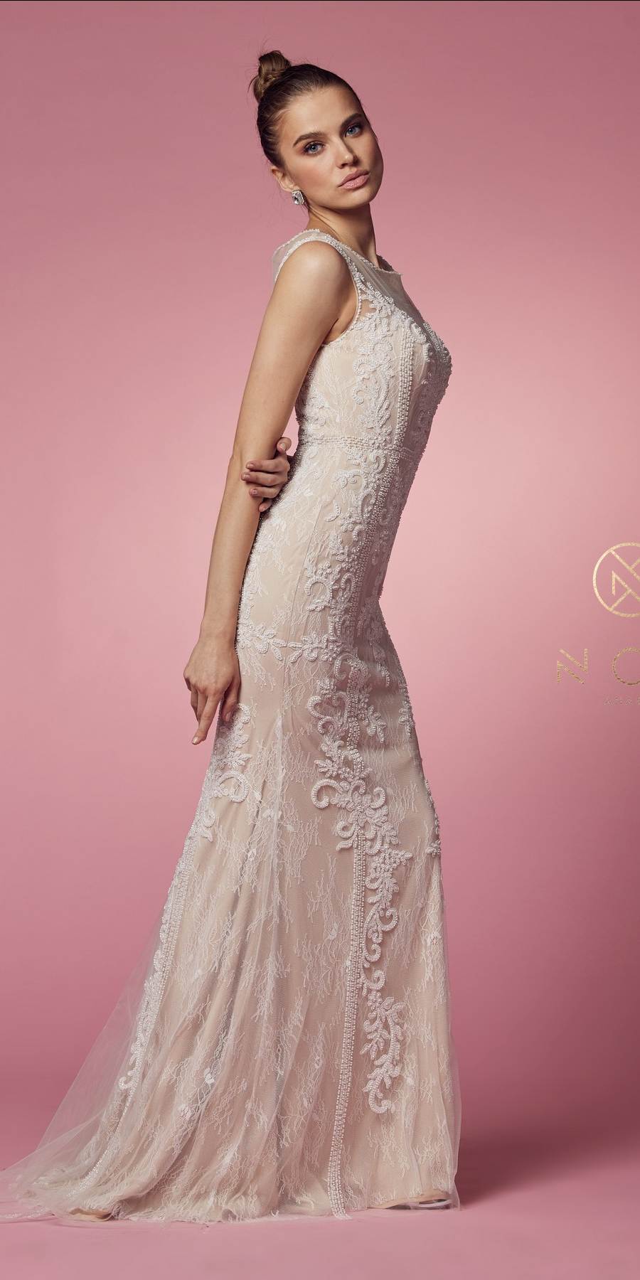 Nox Anabel E1006 Vestido Formal Ajustado de Encaje Tipo Vaina con Escote Ilusión