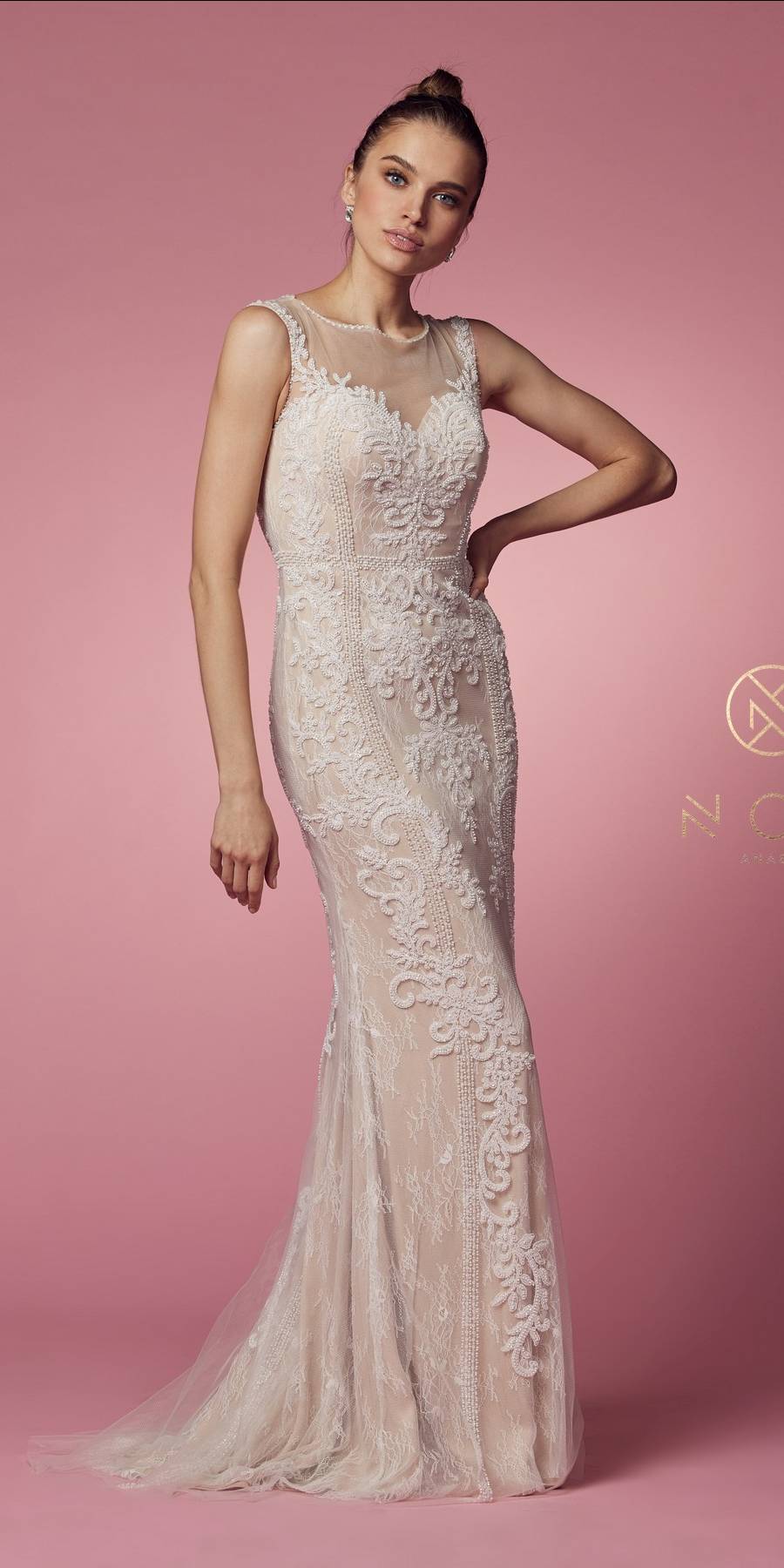 Nox Anabel E1006 Vestido Formal Ajustado de Encaje Tipo Vaina con Escote Ilusión
