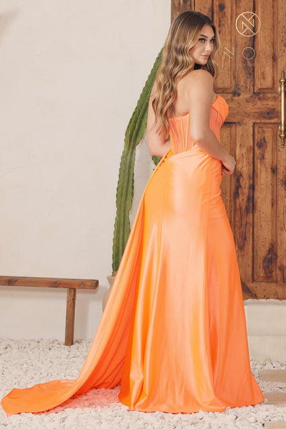 Nox Anabel E1237 Floor Length Satin Cowl Neck Strapless Gown Side Sash