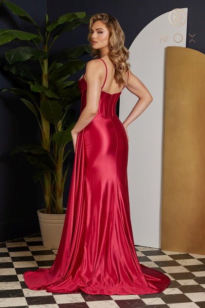 Nox Anabel E1242 Floor Length Fitted Satin Corset Bodice with Slit Gown