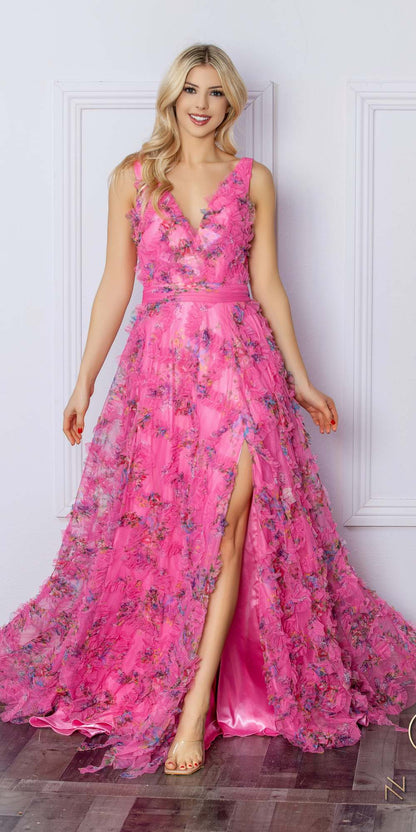 Nox Anabel E1445 Long A-Line V-Neck Floral Print Evening Gown