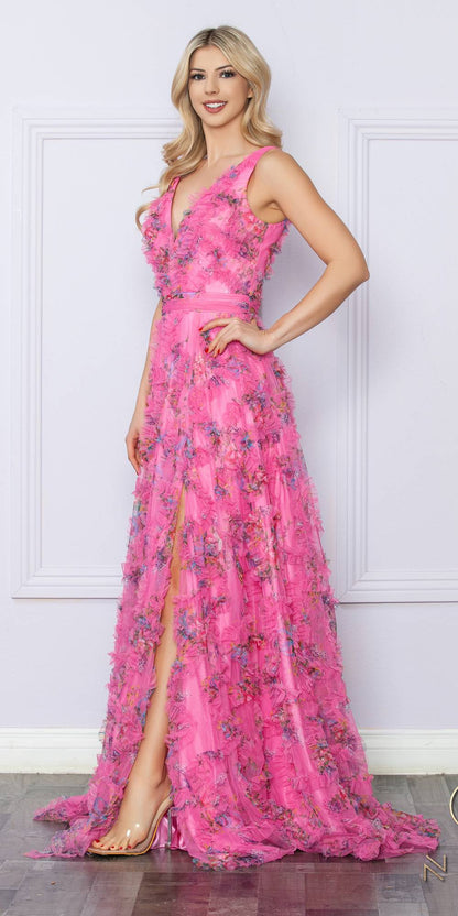 Nox Anabel E1445 Long A-Line V-Neck Floral Print Evening Gown