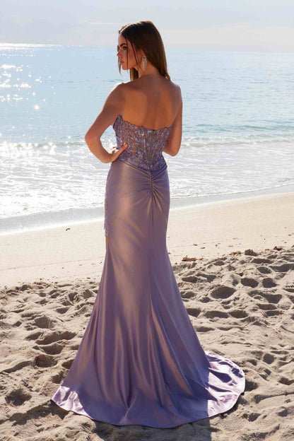 Nox Anabel E1527 Satin Sheer Boned Applique with High Slit Dress