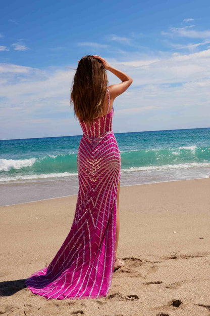 Nox Anabel E1531 Long Dress Fully Beaded Applique V-Neckline