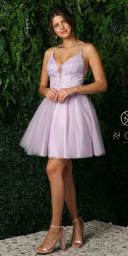 Nox Anabel E779 Plunging V-Neck Embroidered Bodice Short Dress