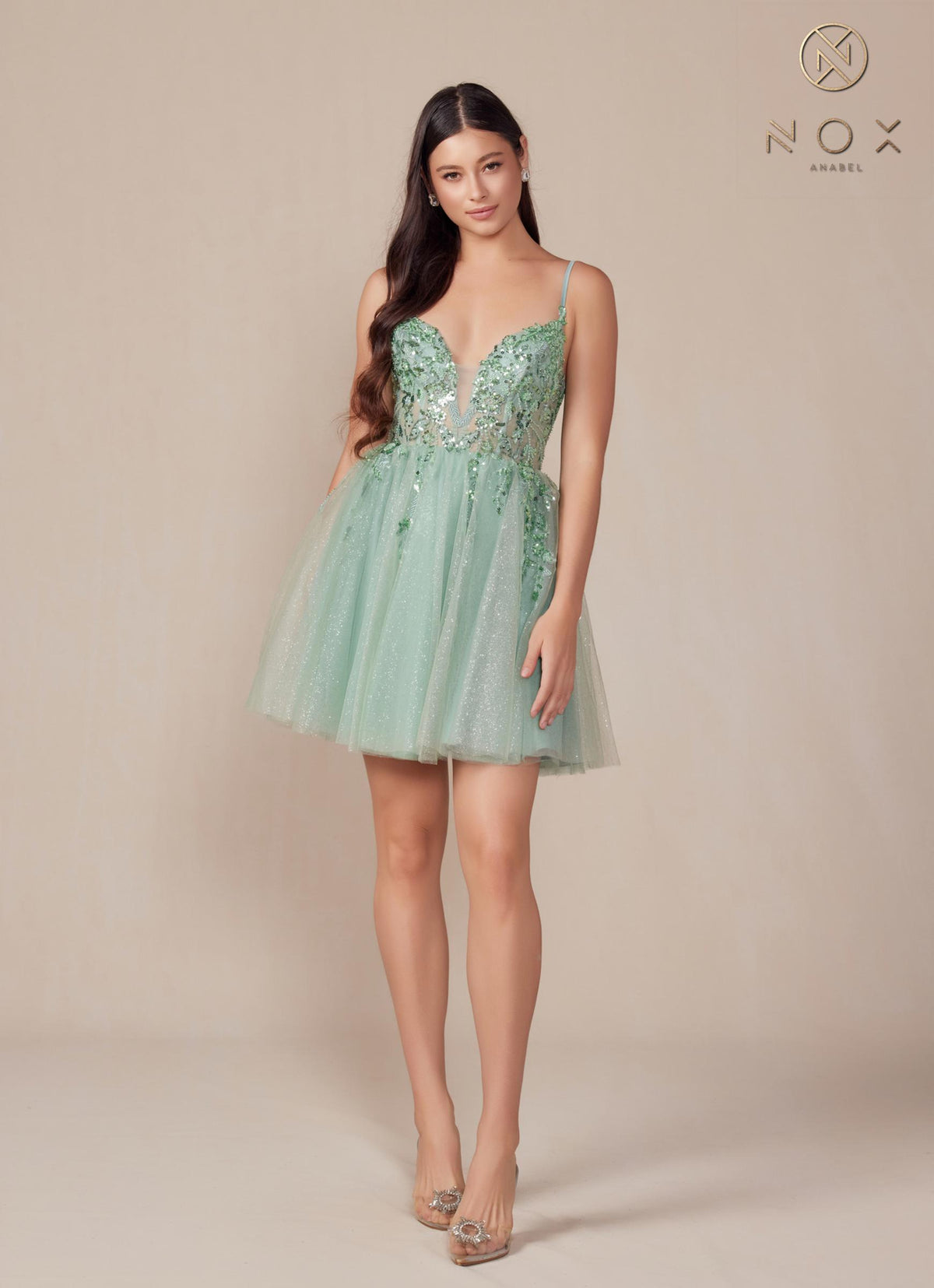 Nox Anabel E902 Short A-Line Applique Sleeveless Homecoming Dress