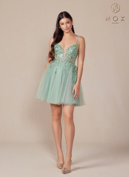 Nox Anabel E902 Short A-Line Applique Sleeveless Homecoming Dress