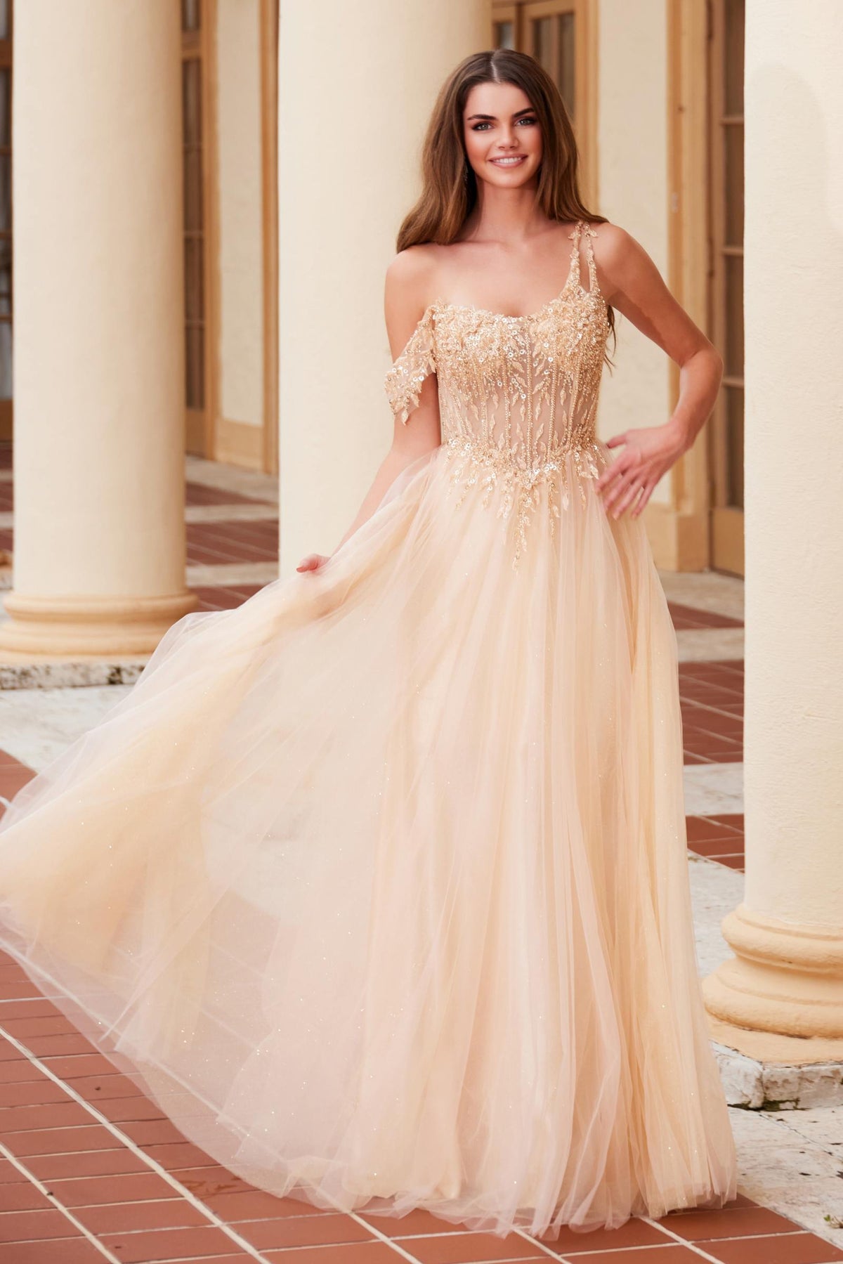Nox Anabel F1567 Embroidered A-Line Sheer Boned Waistline Dress