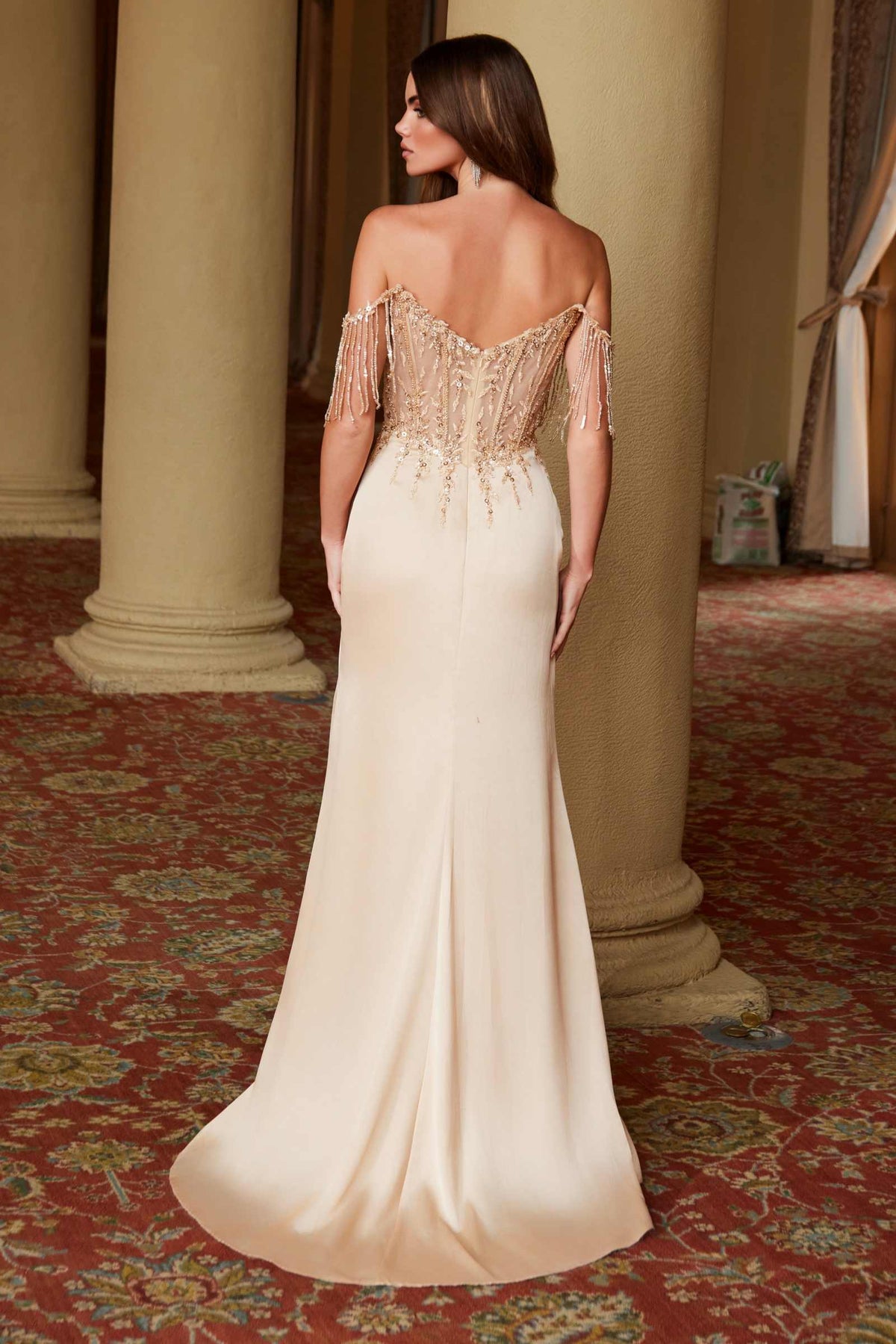 Nox Anabel F1571 Fringed Off-Shoulder Sequin Sweetheart Neckline Dress