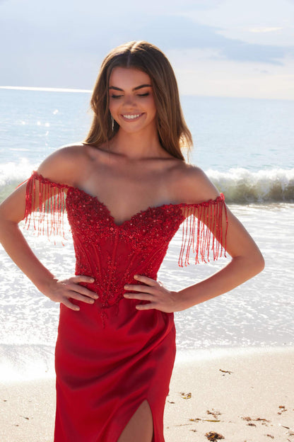 Nox Anabel F1571 Fringed Off-Shoulder Sequin Sweetheart Neckline Dress