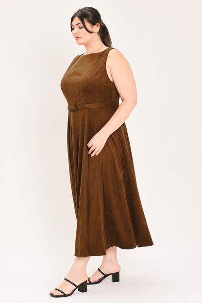 AMBER TOBACCO FAUX SUEDE MIDI DRESS