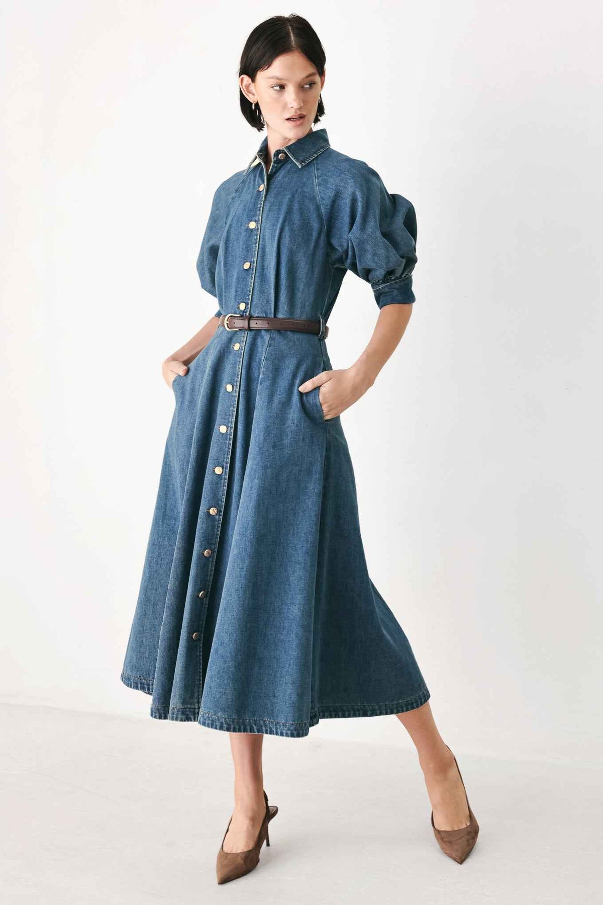 DIVIDE AND CONTOUR DENIM MIDI DRESS