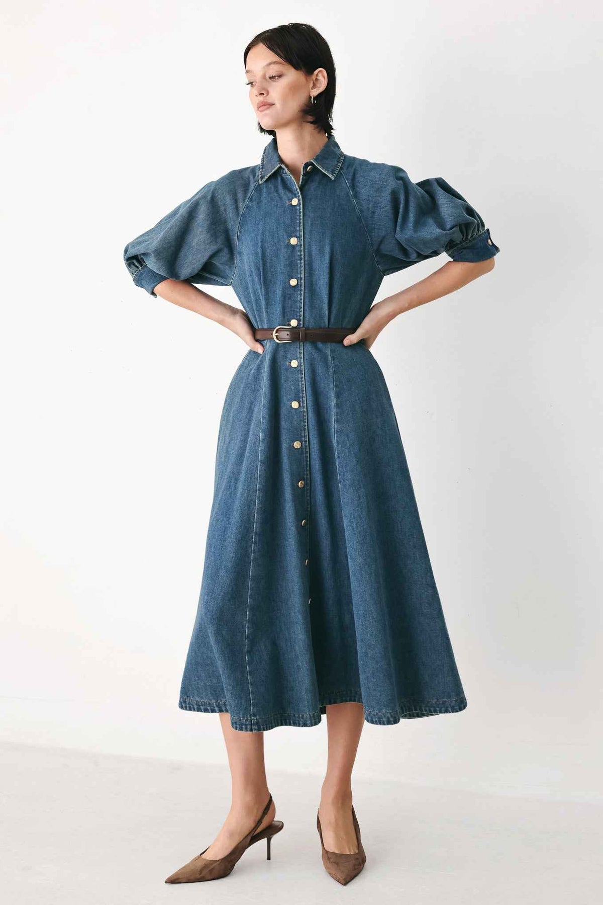 DIVIDE AND CONTOUR DENIM MIDI DRESS