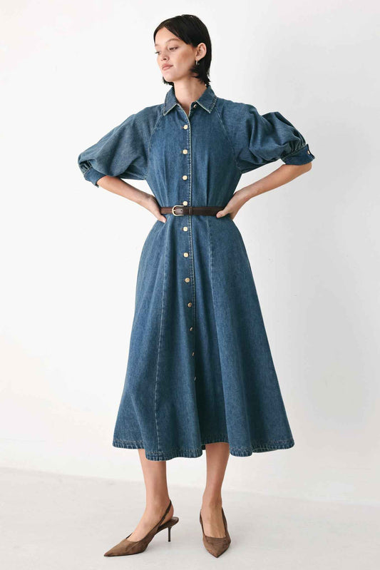 DIVIDE AND CONTOUR DENIM MIDI DRESS