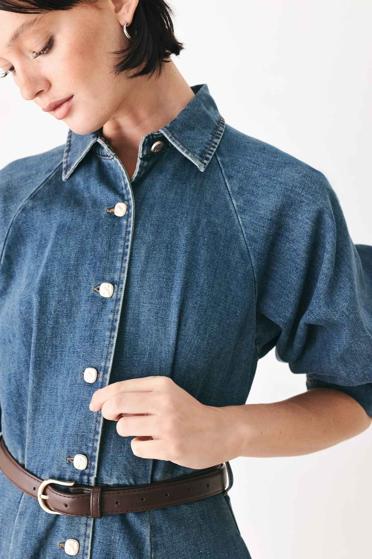 DIVIDE AND CONTOUR DENIM MIDI DRESS