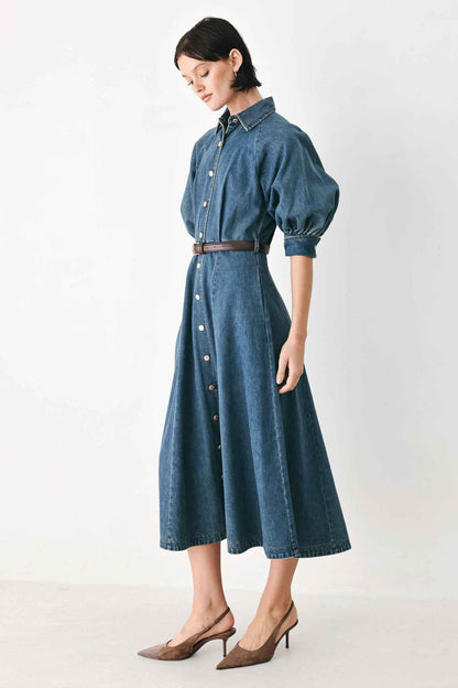 DIVIDE AND CONTOUR DENIM MIDI DRESS