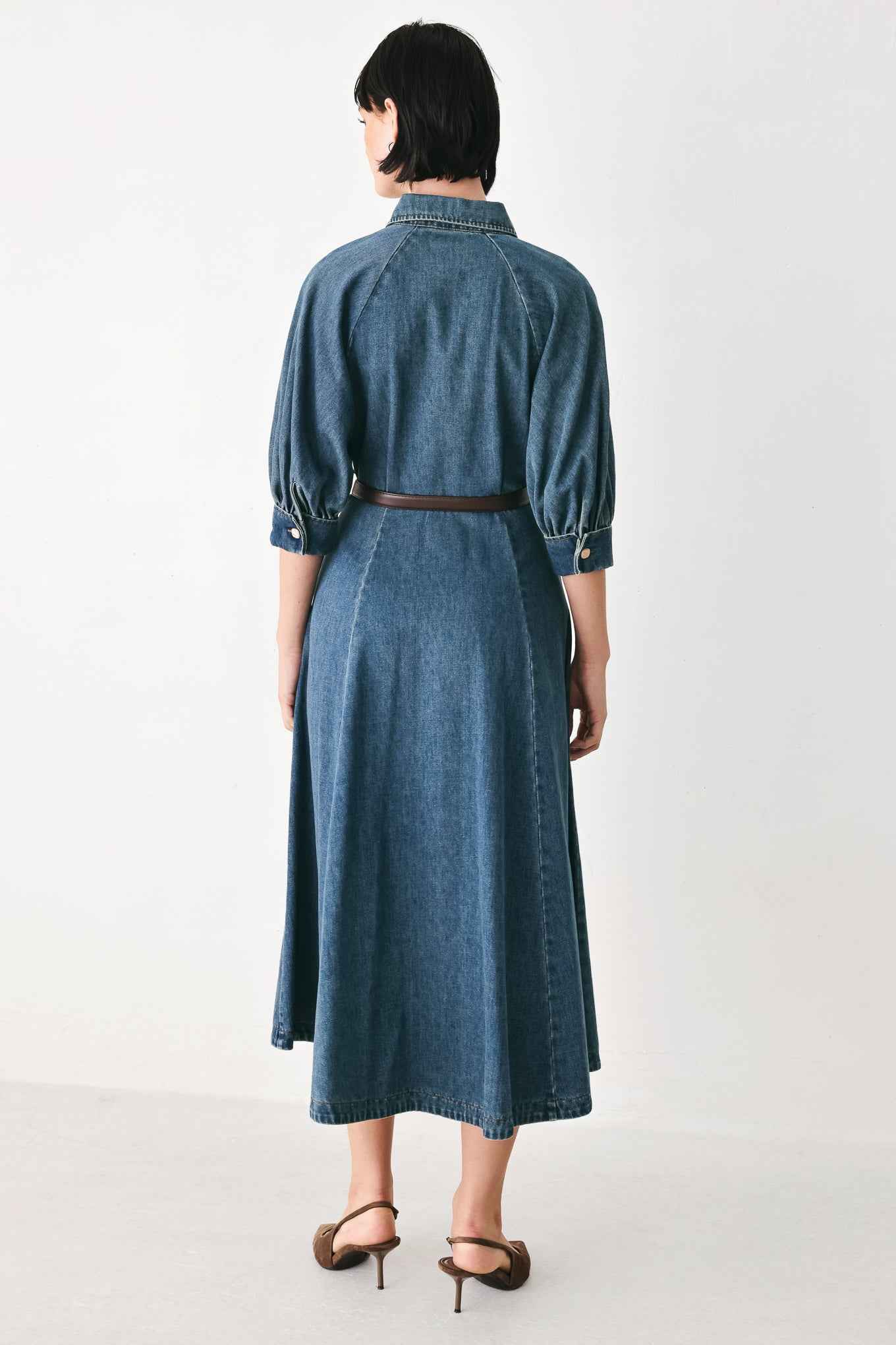 DIVIDE AND CONTOUR DENIM MIDI DRESS
