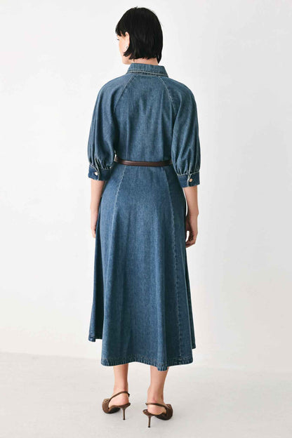 DIVIDE AND CONTOUR DENIM MIDI DRESS