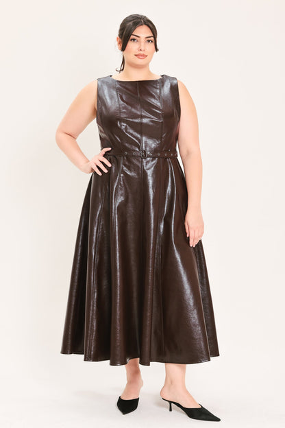 DARK TRUFFLE FAUX LEATHER MIDI DRESS