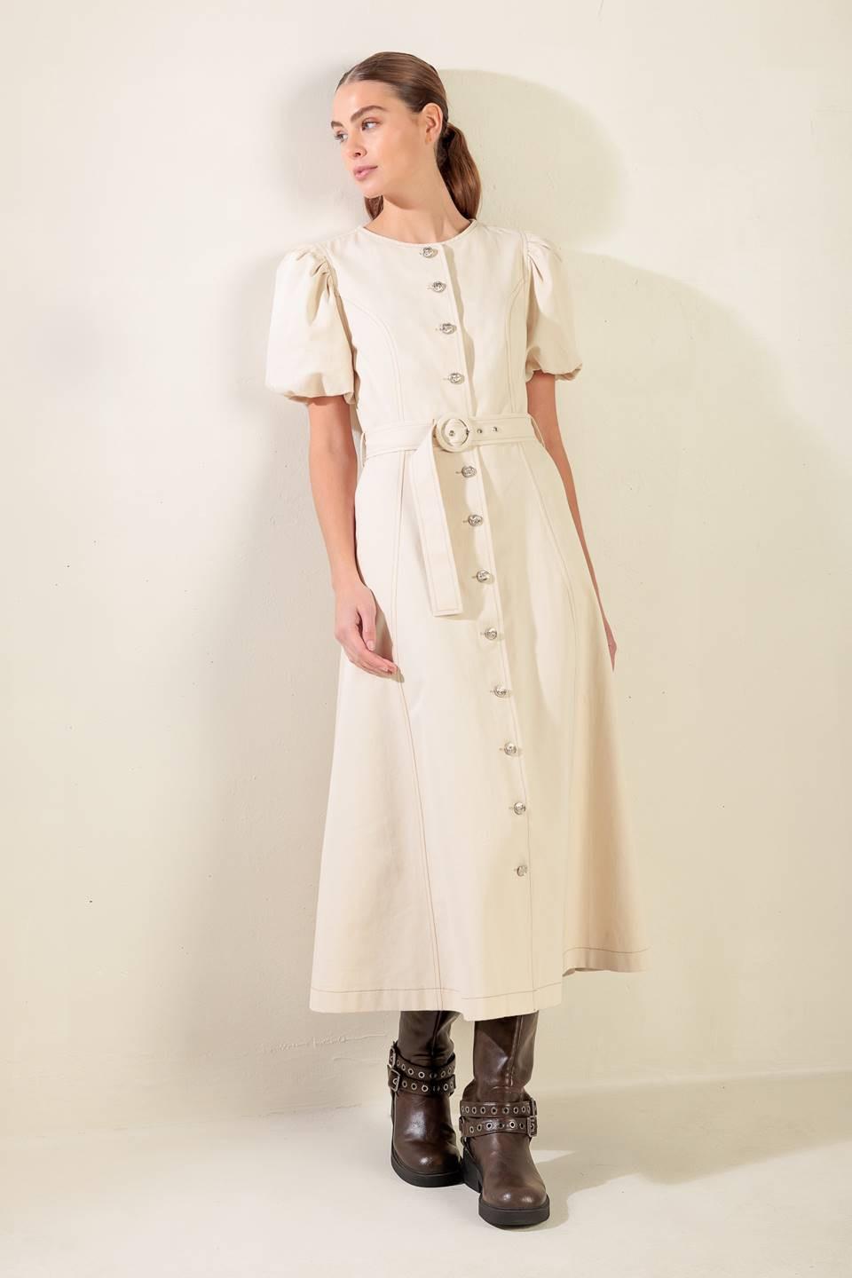 VESTIDO MIDI DE SEDA CON MANGAS DE TUL NOCTURNO