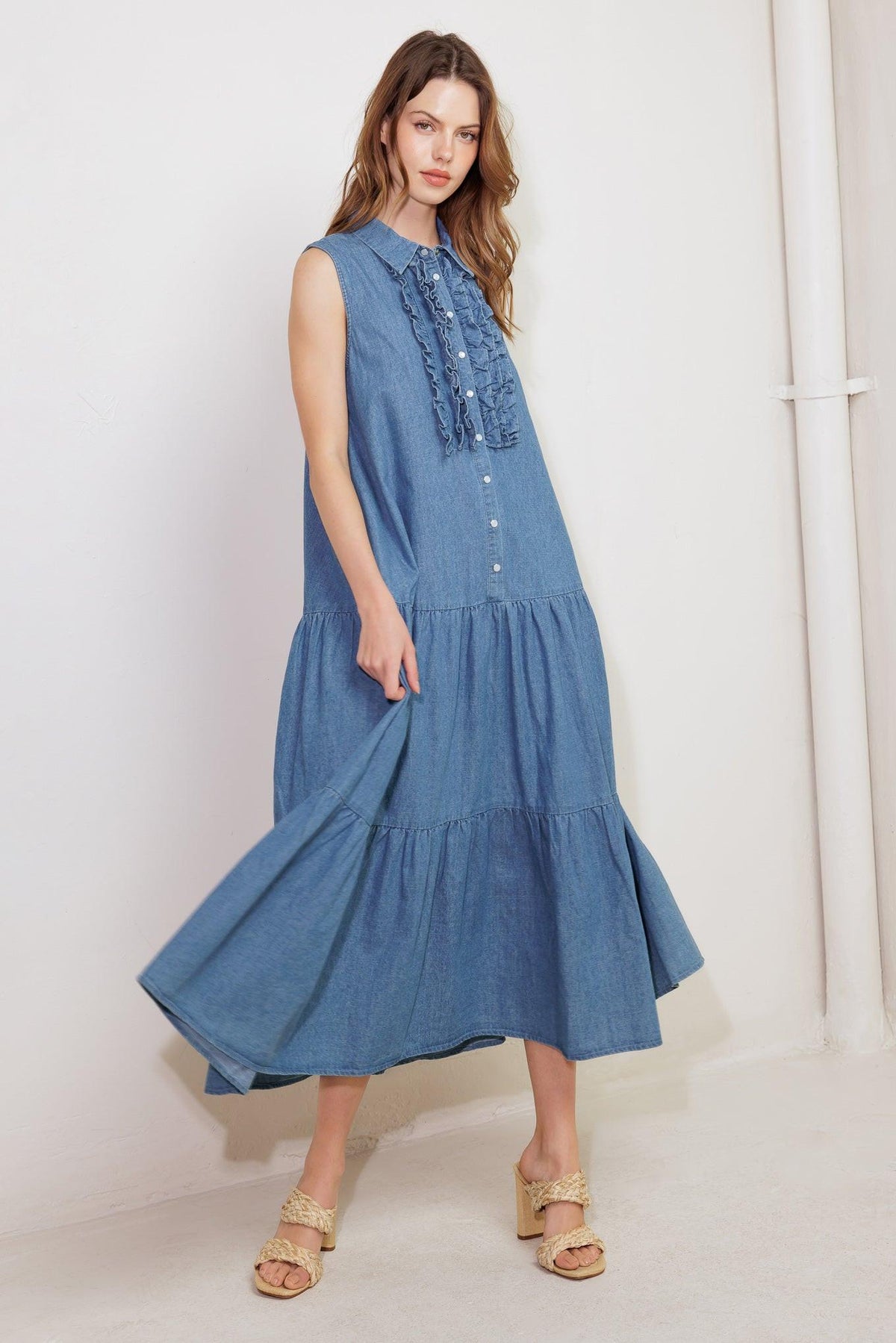 PETALS FALLING SLOWLY DENIM MIDI DRESS