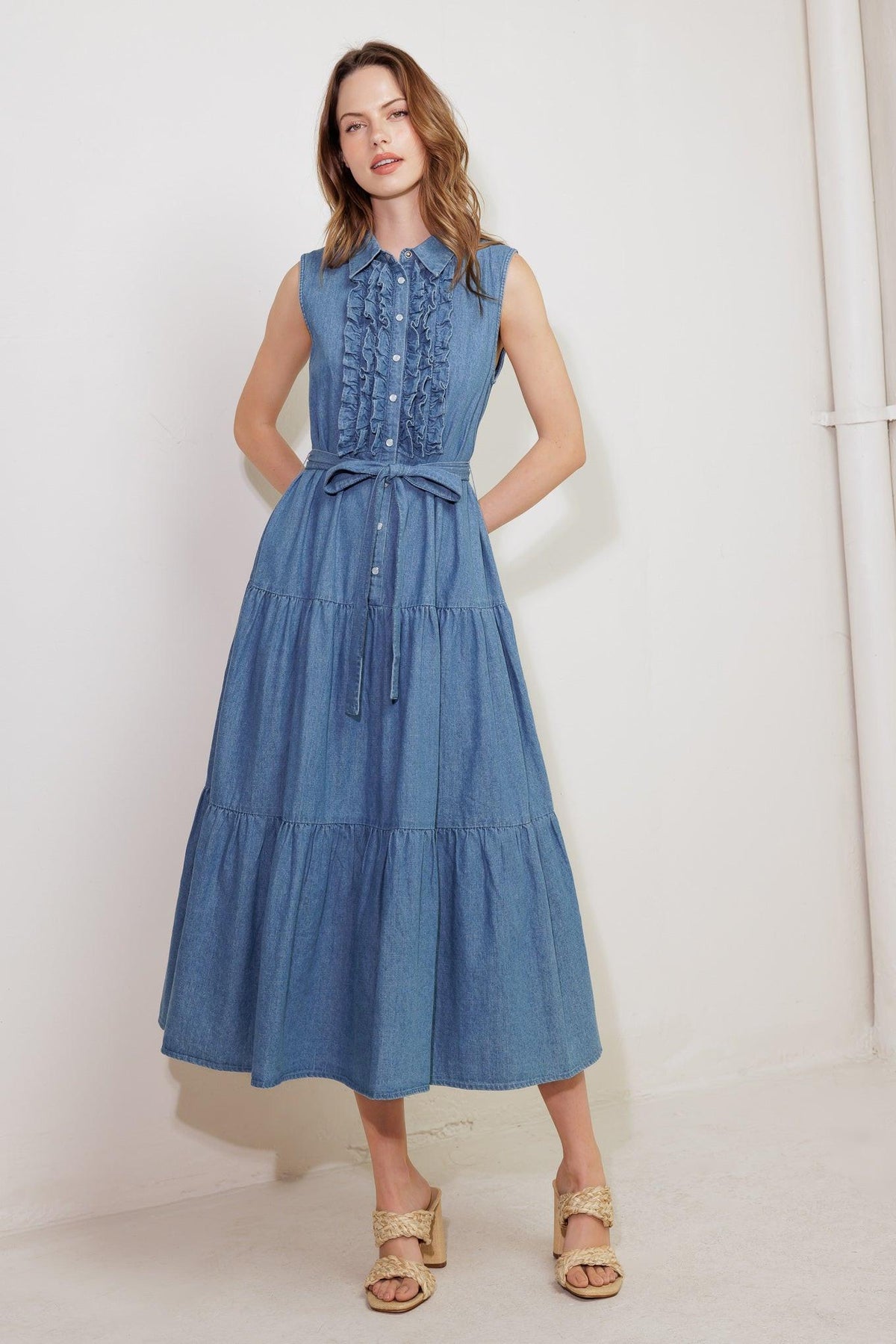 PETALS FALLING SLOWLY DENIM MIDI DRESS
