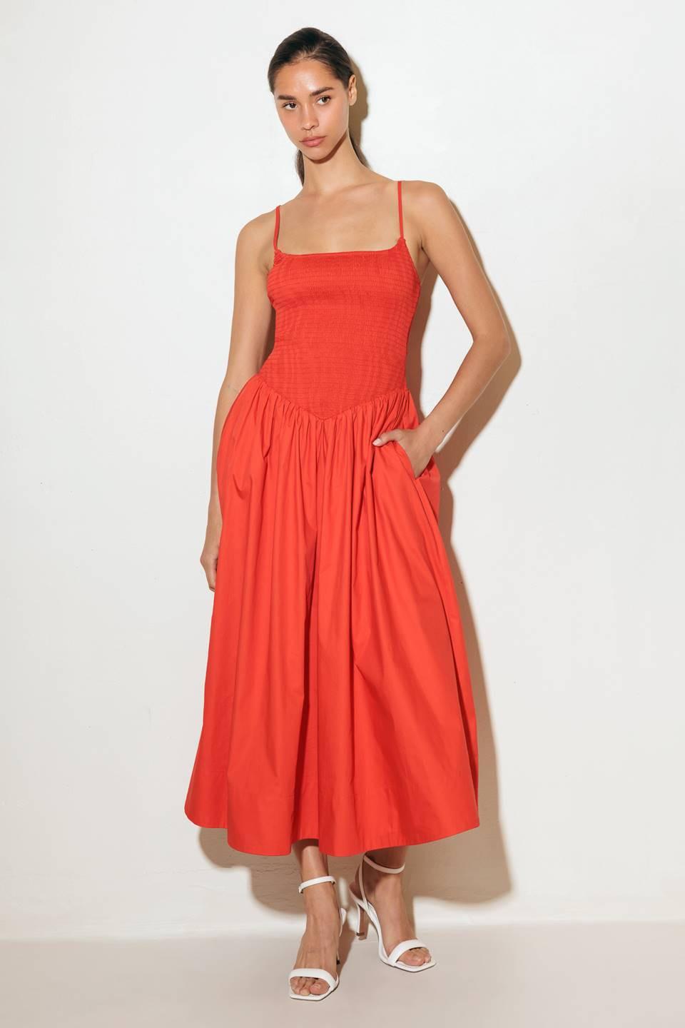 MOVE WITH INTENTION RED WOVEN MIDI DRESS