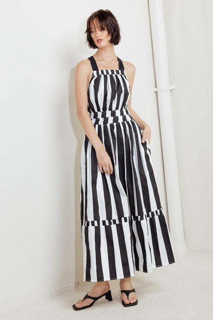 LUXE LINEAR STRIPED WOVEN MIDI DRESS