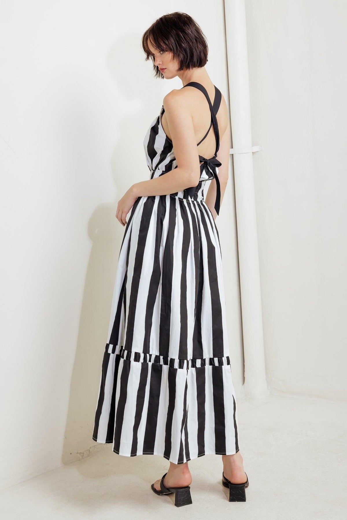 LUXE LINEAR STRIPED WOVEN MIDI DRESS
