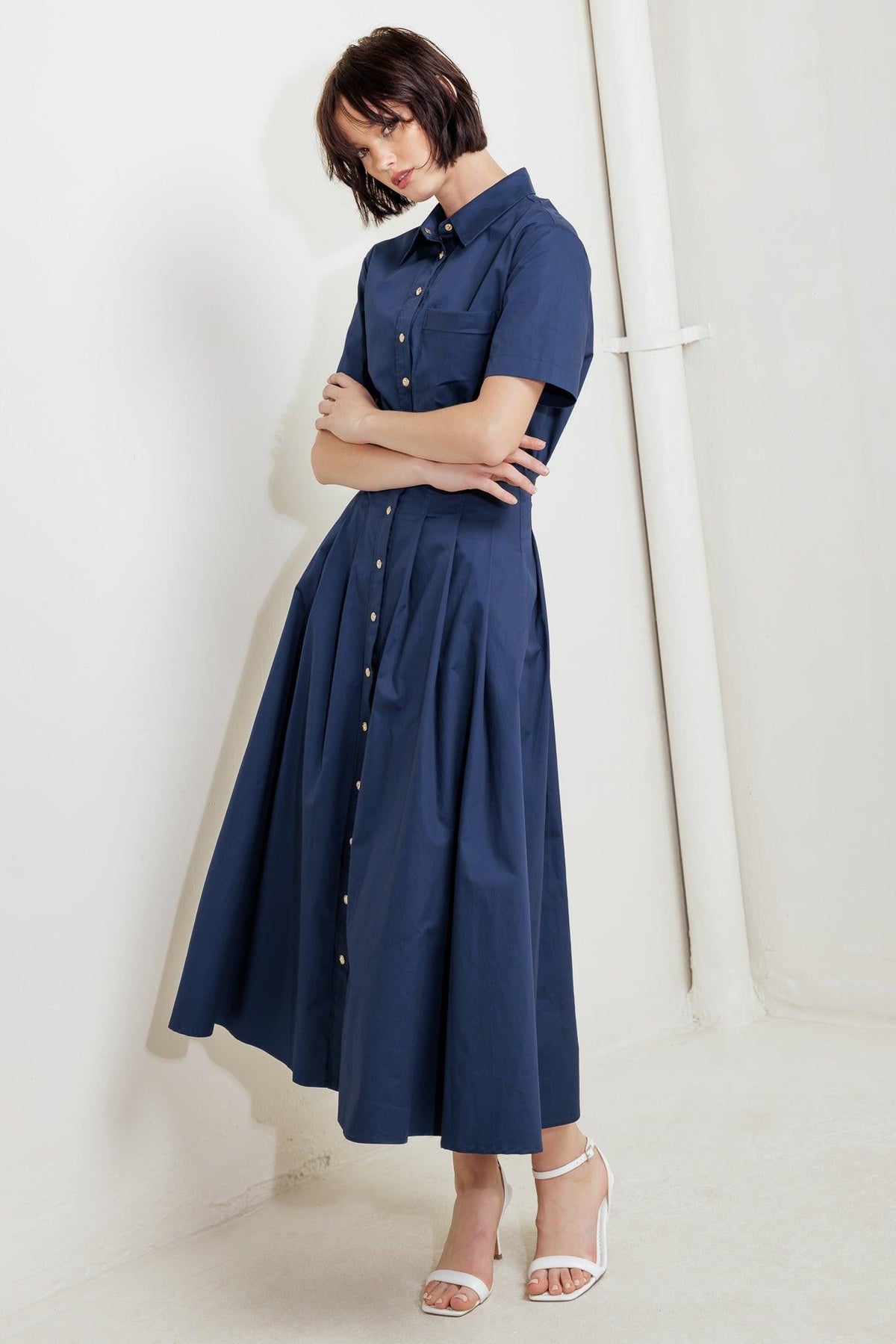 CINCHED COUTURE WOVEN MIDI DRESS