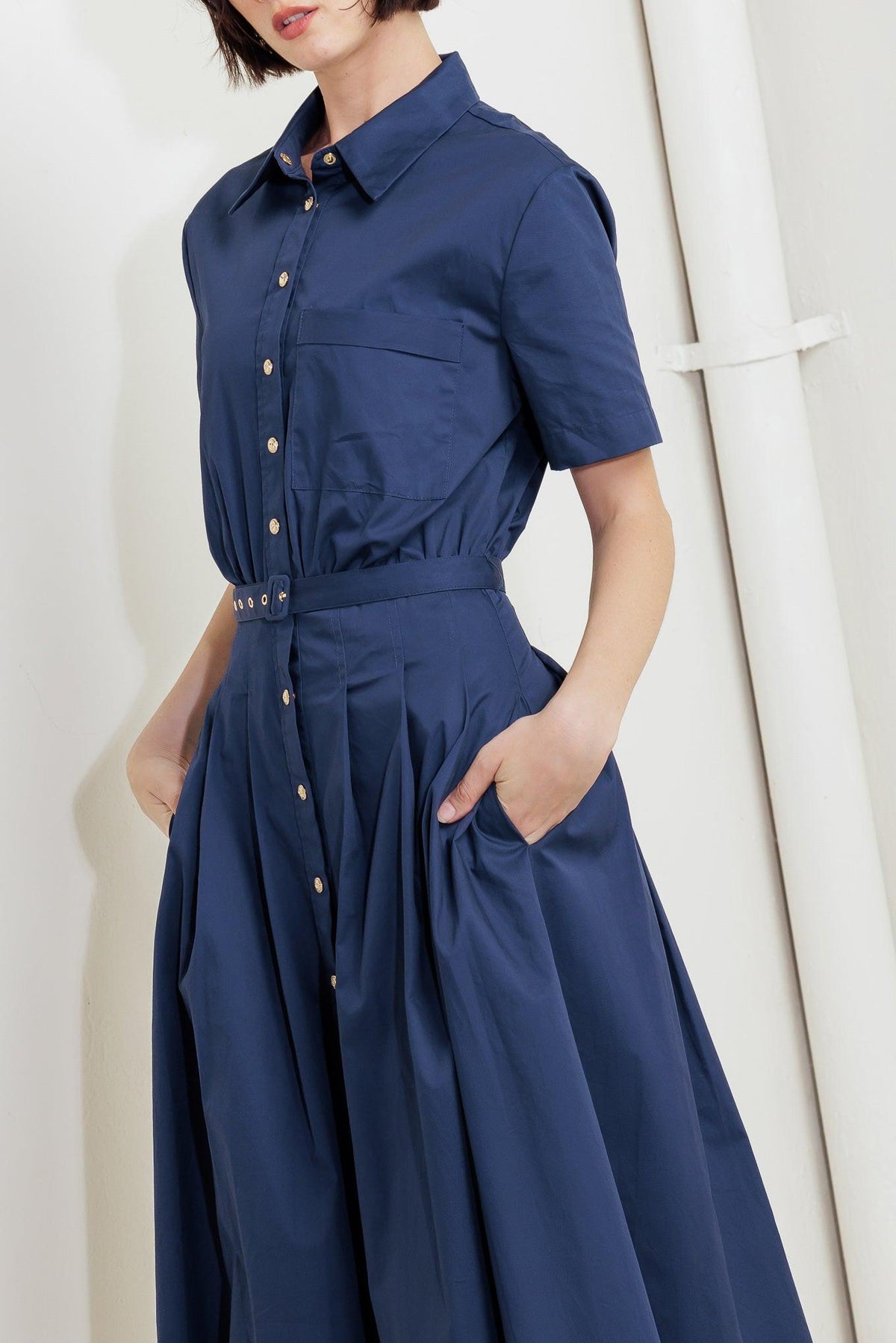 CINCHED COUTURE WOVEN MIDI DRESS