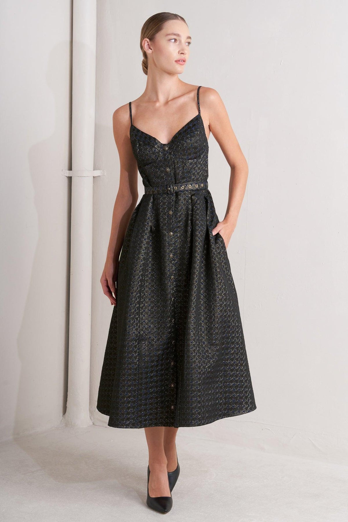 NOIR TAPESTRY WOVEN MIDI DRESS