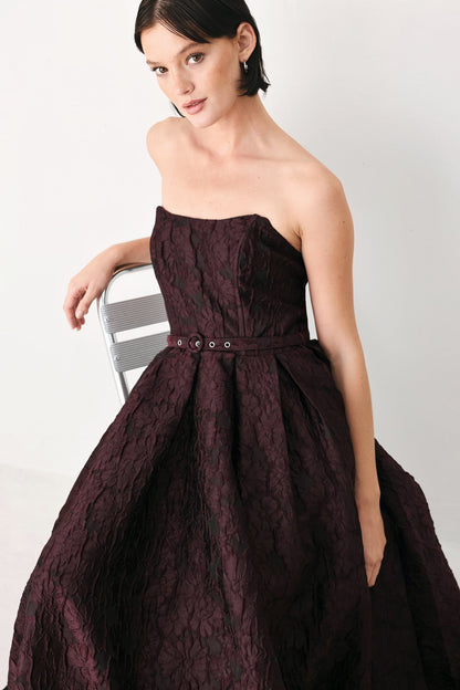BURGUNDY COUTURE SWAY WOVEN MIDI DRESS