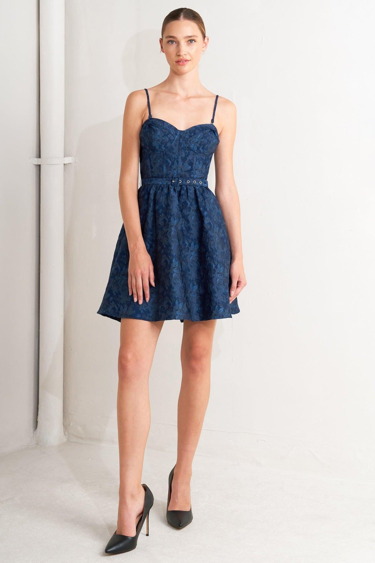 NAVY ROMANCE WOVEN JACQUARD MINI DRESS