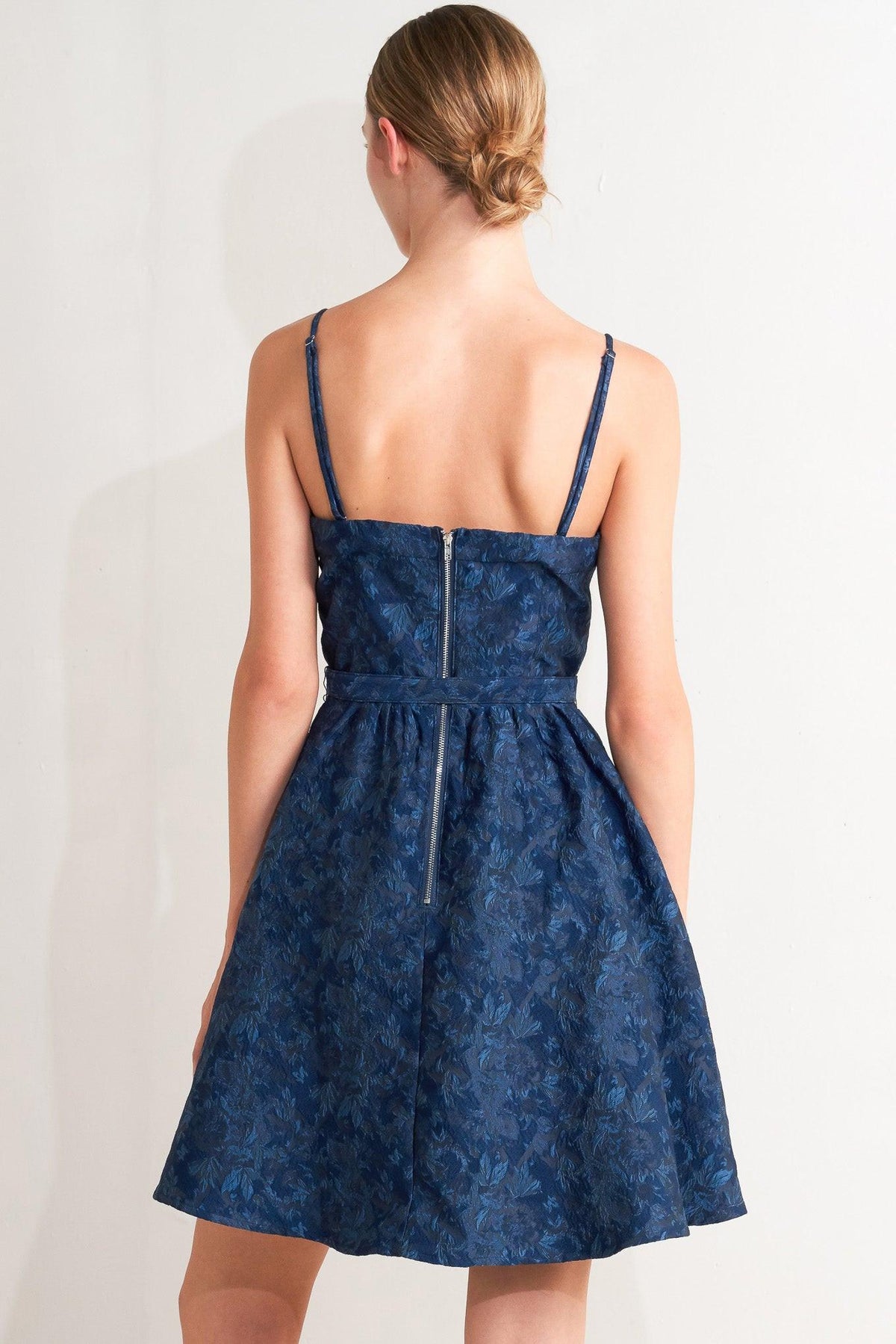 NAVY ROMANCE WOVEN JACQUARD MINI DRESS