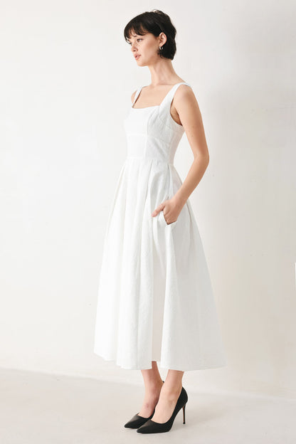 ECHO IN WHITE WOVEN MIDI DRESS