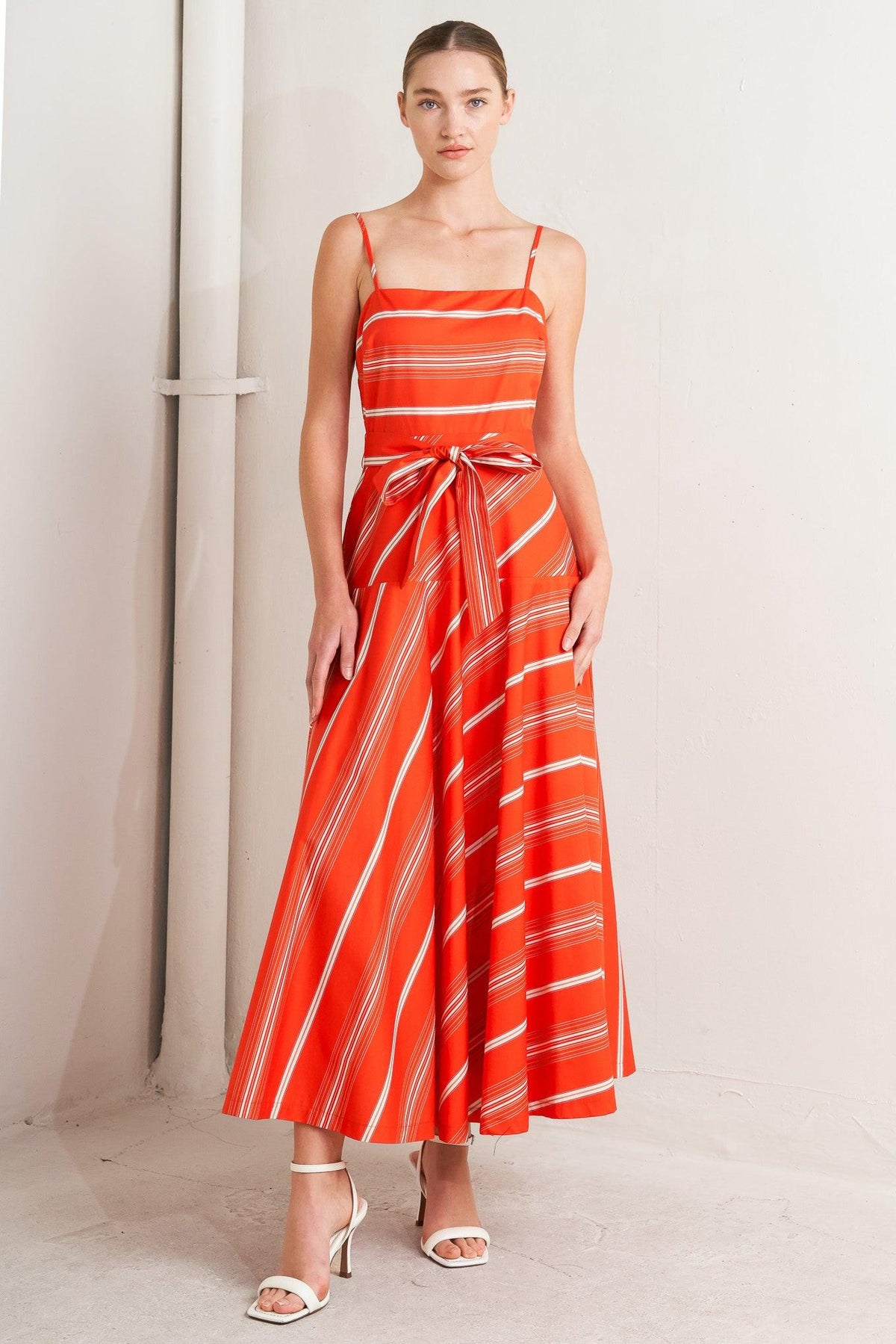 SWEET ESCAPE STRIPE WOVEN MIDI DRESS