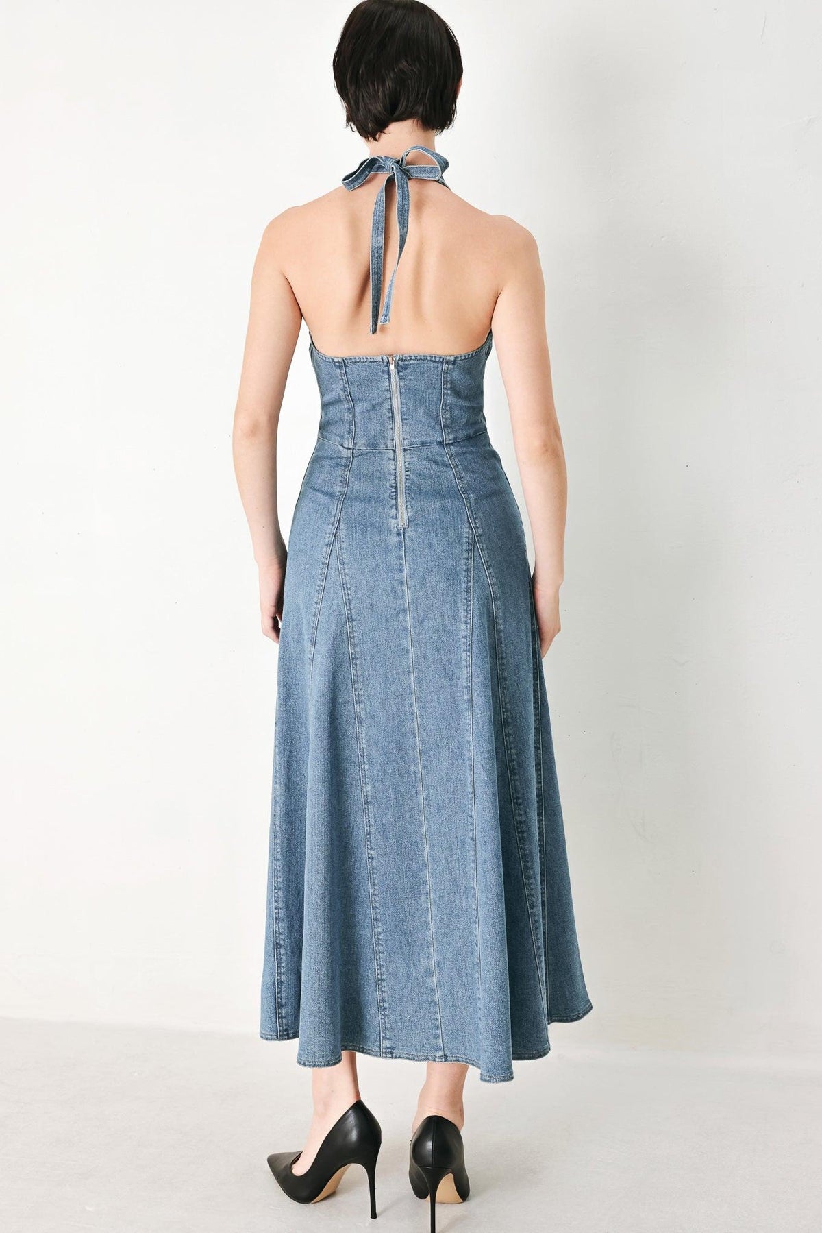 VESTIDO MIDI DE DENIM CON ESTAMPADO FLORAL AZUL
