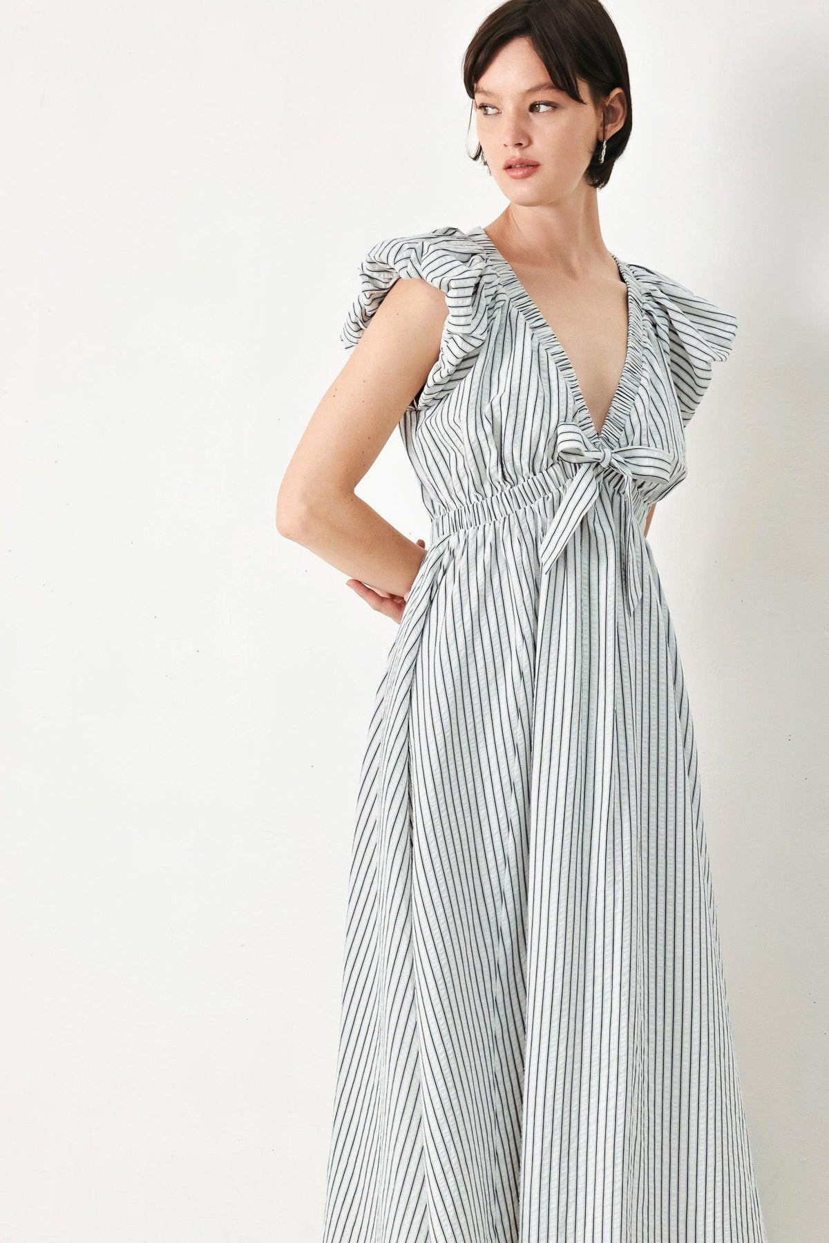 WHISPER STRIPE WOVEN MIDI DRESS