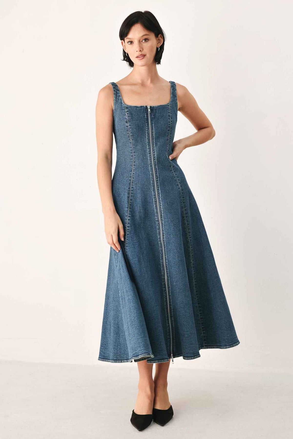 BLUE HORIZON ZIP FRONT DENIM MIDI DRESS