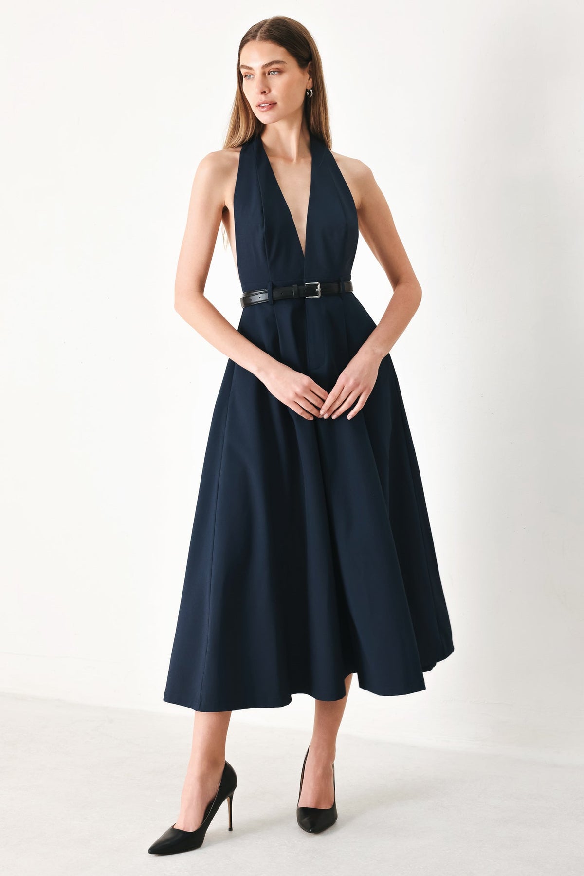 MIDNIGHT FORM WOVEN MIDI DRESS