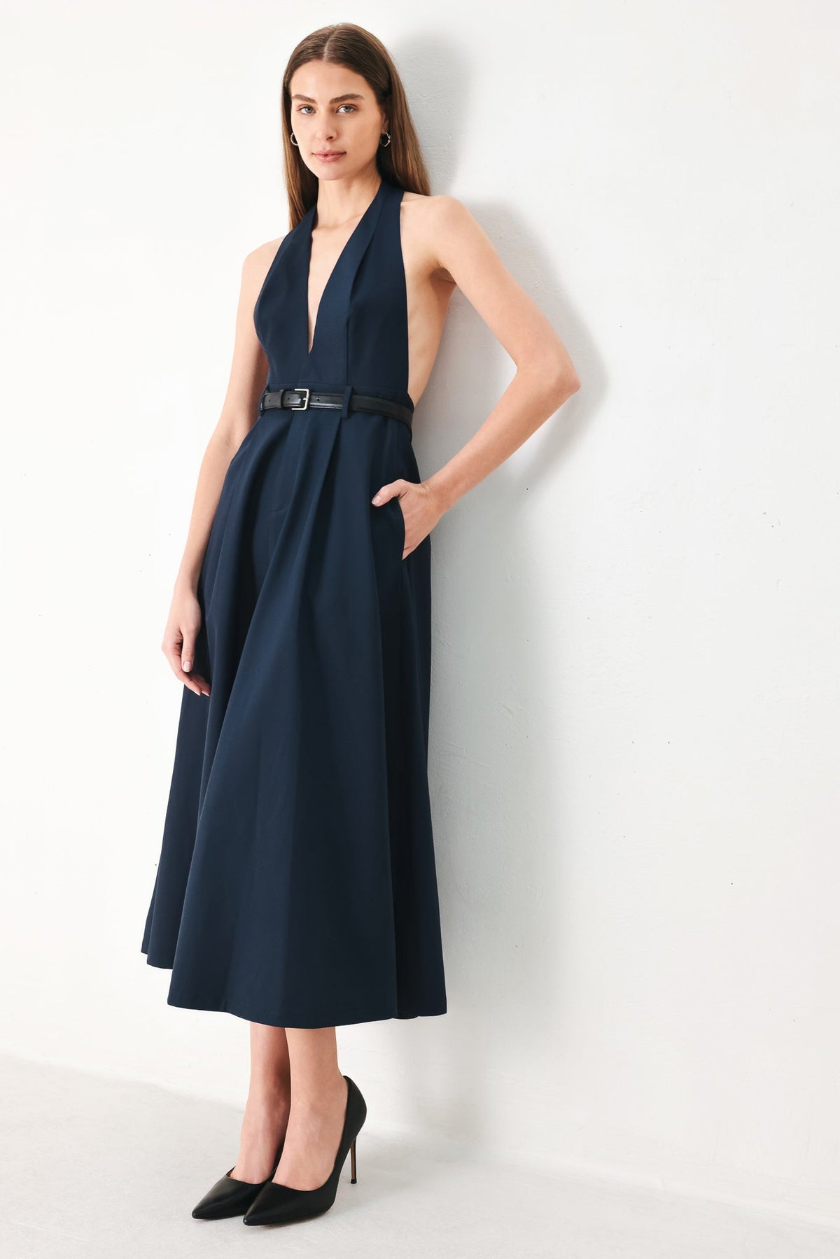 MIDNIGHT FORM WOVEN MIDI DRESS