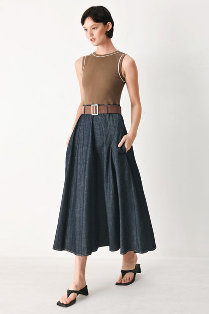 ESPRESSO HOUR DENIM COMBINATION MIDI DRESS