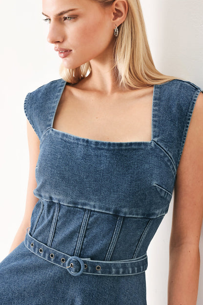 QUIET MUSE DENIM MIDI DRESS