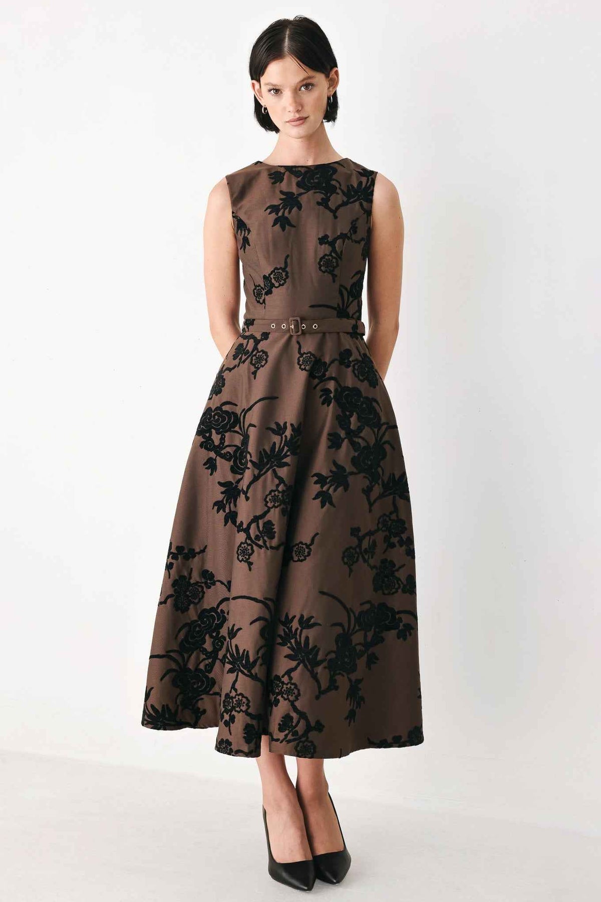 TRUFFLE BOTANIC GRACE WOVEN MIDI DRESS
