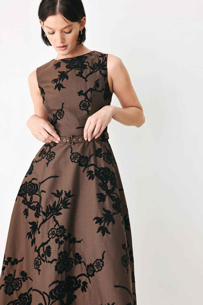 TRUFFLE BOTANIC GRACE WOVEN MIDI DRESS
