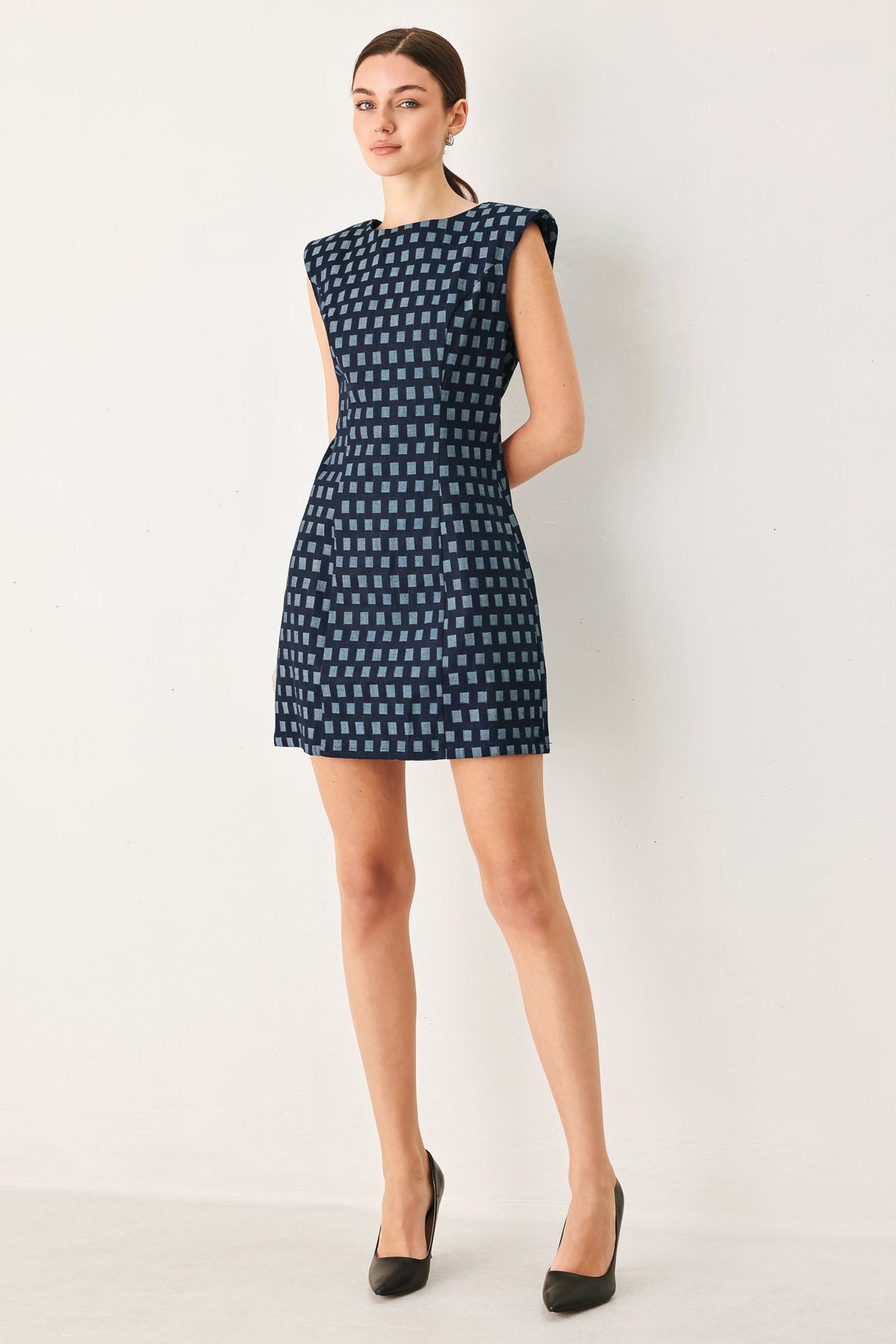 VESTIDO MINI DE DENIM JACQUARD CON ESTAMPADO DE CUADROS COOL GIRL