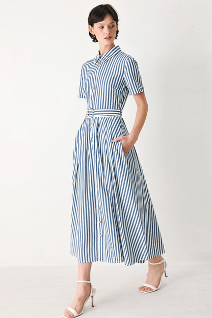 COASTAL MUSE STRIP WOVEN MIDI SHIRT DRESS